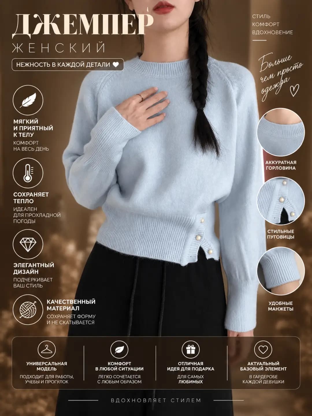 Women's autumn-winter Korean style loose fit crew neck long sleeve knit sweater, solid colour, closure: buttons