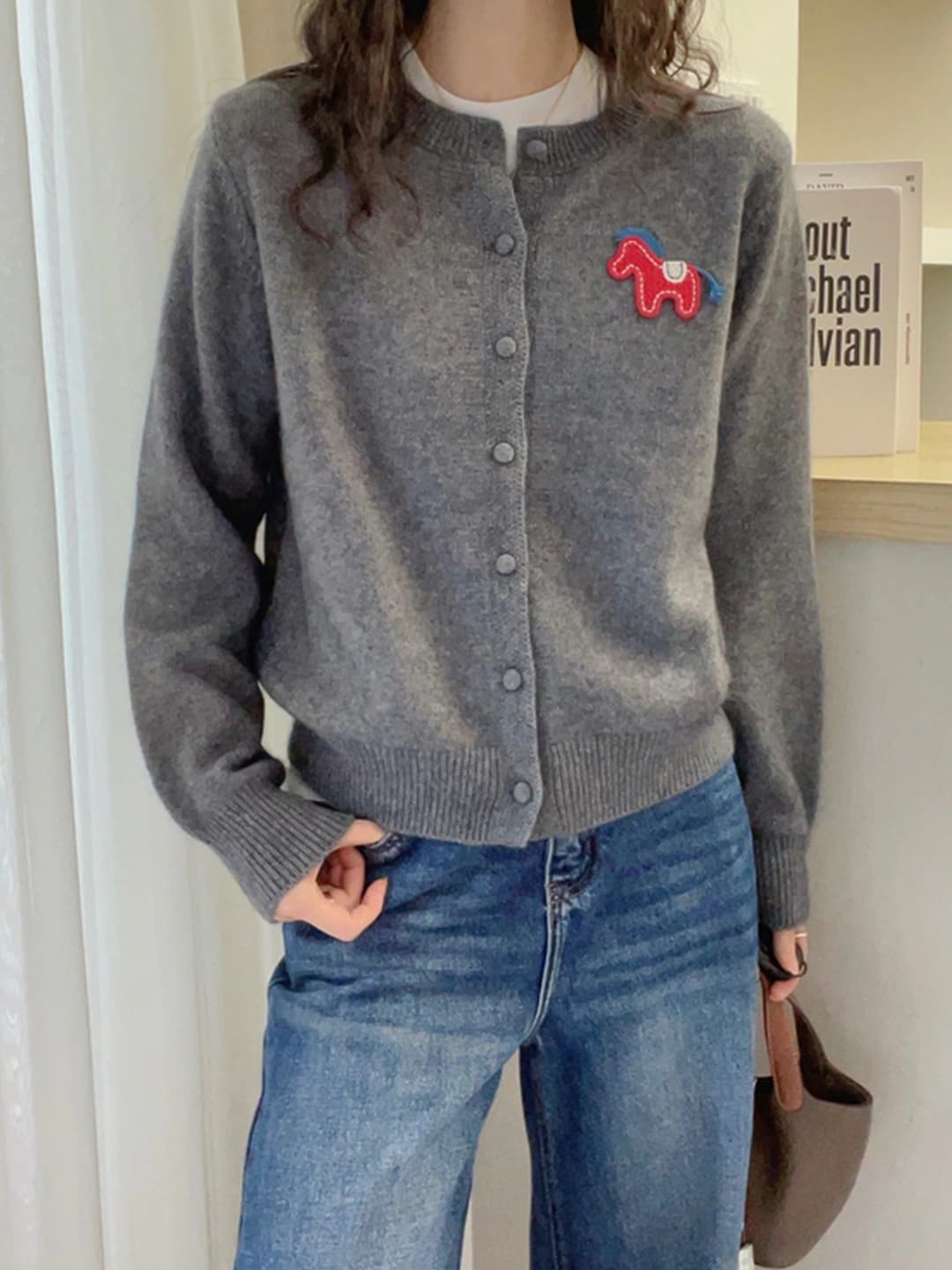 Women's 2026 autumn-winter cute pony embroidered knit cardigan, crew neck, loose fit, long sleeve, casual thick outerwear