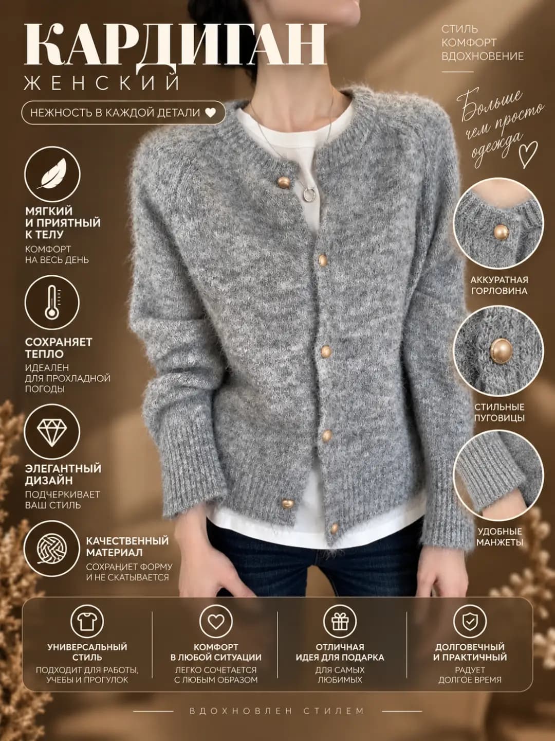 Women's cashmere knit cardigan, crew neck, long sleeve, loose fit, autumn-winter