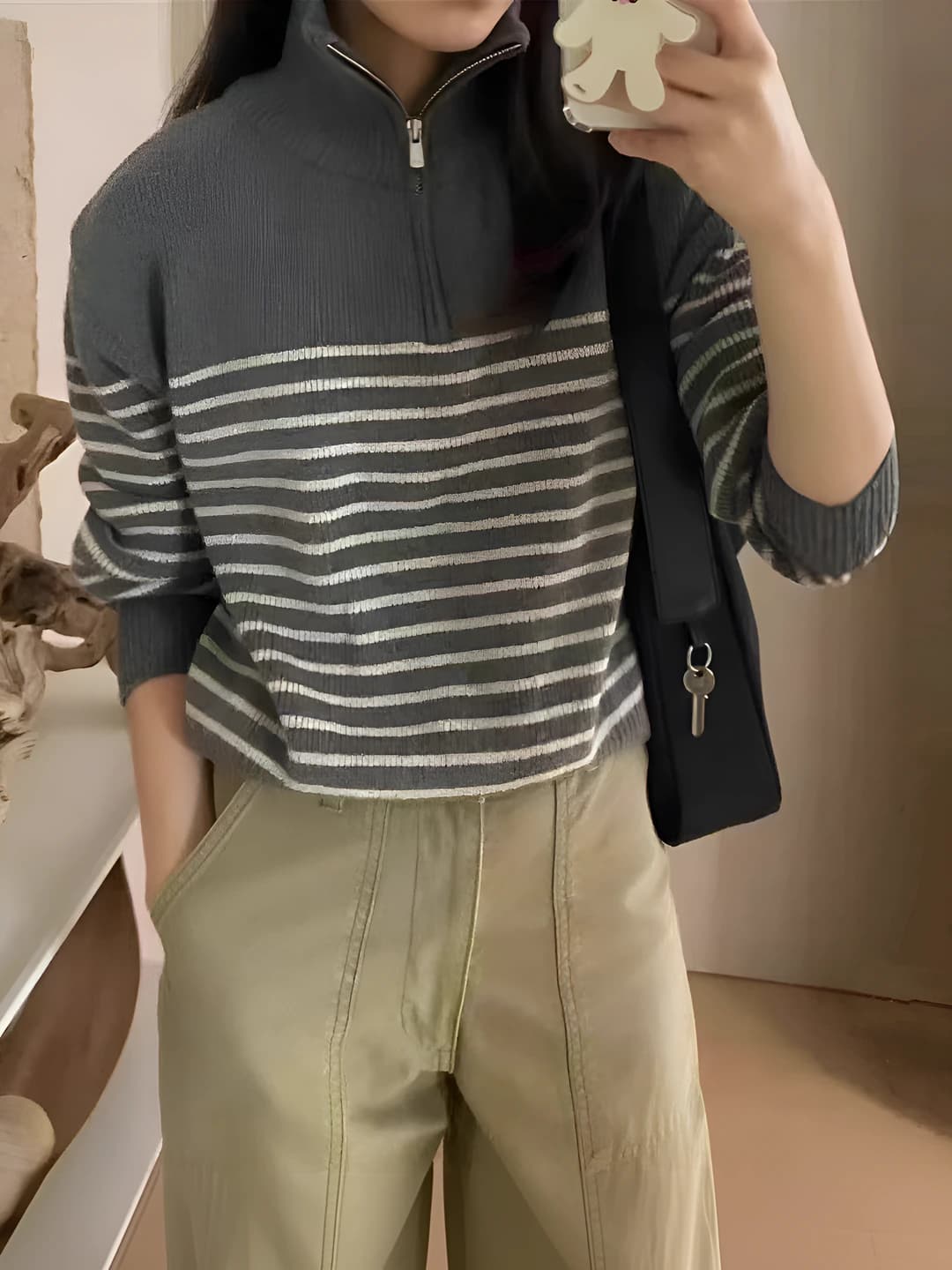 Women's striped lapel collar long sleeve loose fit knit sweater, autumn-winter