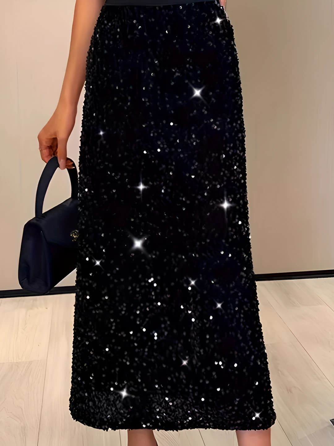 Women's all-season stretch straight cut midi skirt with slit, black, sequin