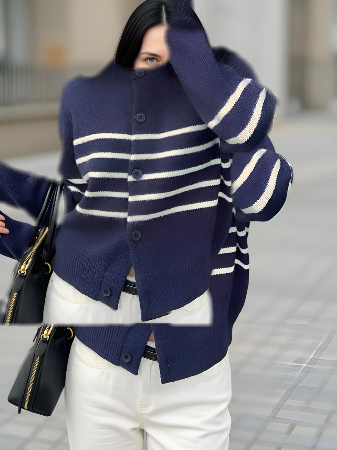 Women's retro striped knit cardigan, autumn-winter 2026, crew neck, long sleeve, casual style