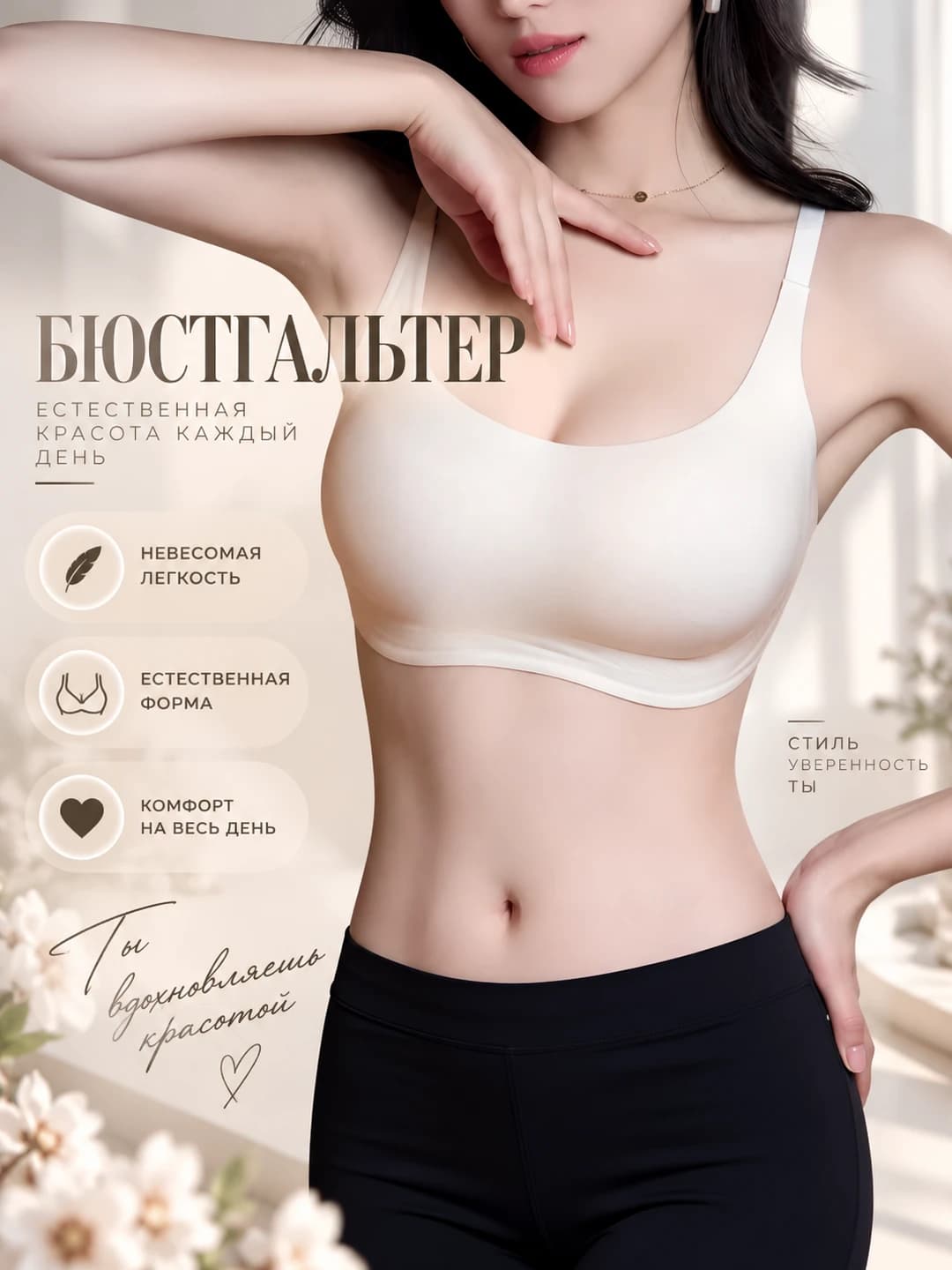 Women's thin seamless wireless bra: breathable, sports style, side bust gathering and beautiful back design