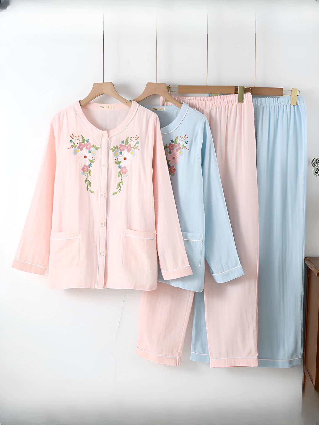 Ayollar uchun kashtali sof paxta pijama to'plami: uzun yeng, uzun shim, dumaloq yoqa, yupqa, bahor-kuz-yoz uchun, bo'sh (oversize) uy kiyimi