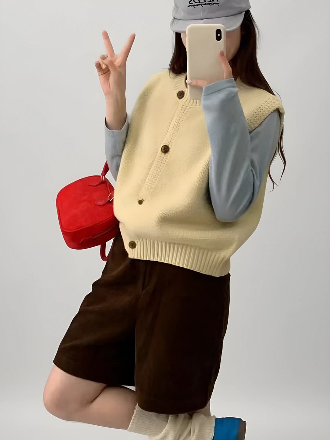 Ayollar uchun bahor-kuzgi trikotaj jilet, dumaloq yoqa, bir rangli, bo'sh (oversize) kesim, tugma bilan