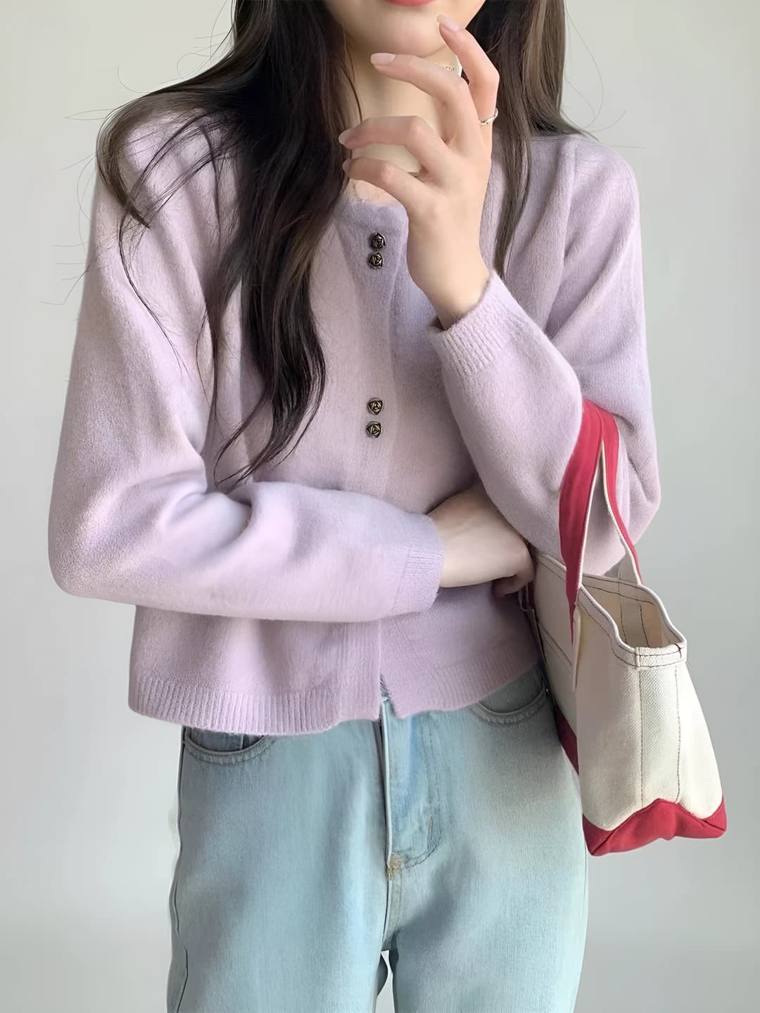 Women's gentle style buttoned short cardigan, crew neck, long sleeve, wavy hem, solid colour knit top