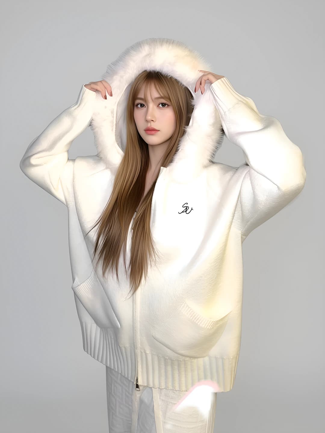 Women's autumn-winter hooded knitted cardigan with fur collar, zip closure, for petite, slim fit, slimming, long sleeve, solid colour, thick, mid-length, knit top