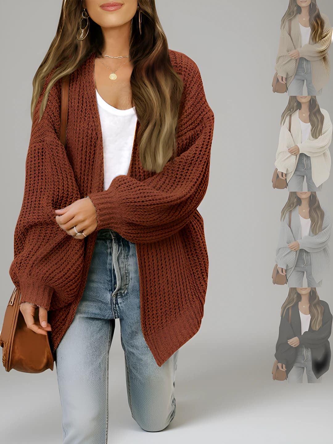 Women's autumn-winter cardigan, V-neck, long sleeve, loose fit, solid colour, lantern sleeve, with pockets, thick, no closure