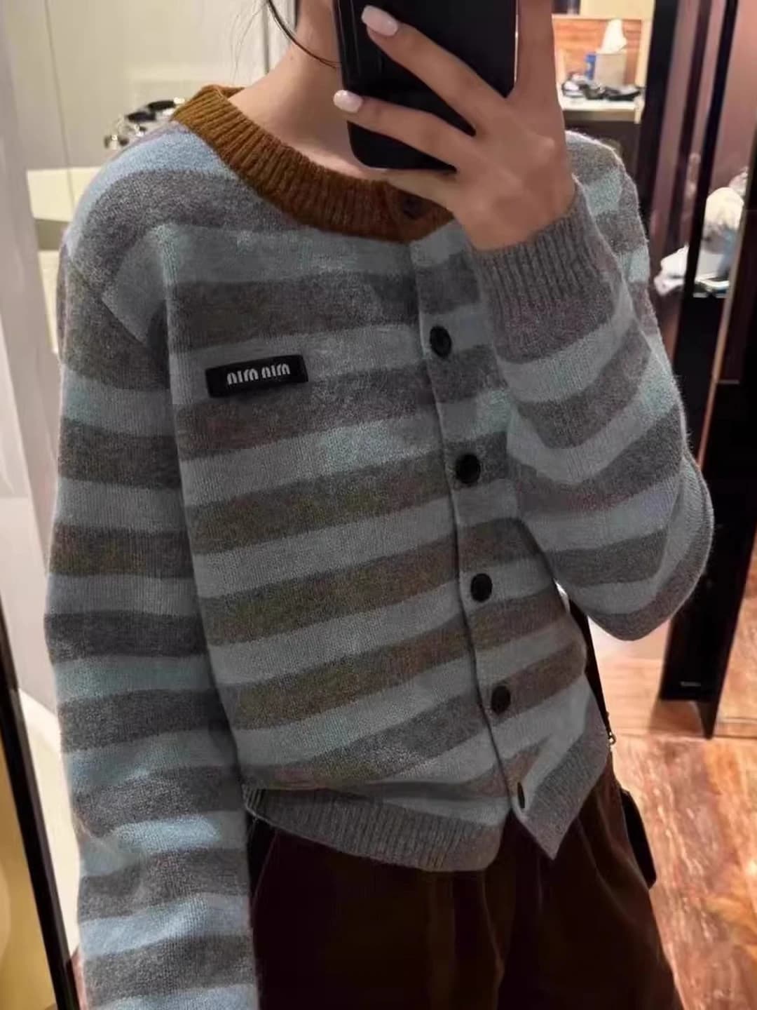 Women's retro striped knit cardigan, long sleeve, crew neck, for autumn-winter