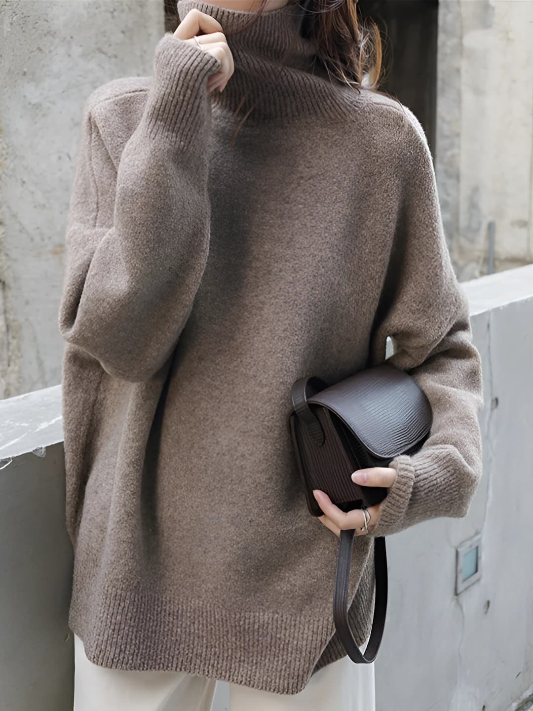 Women's autumn-winter retro high neck solid colour loose fit long sleeve knit sweater