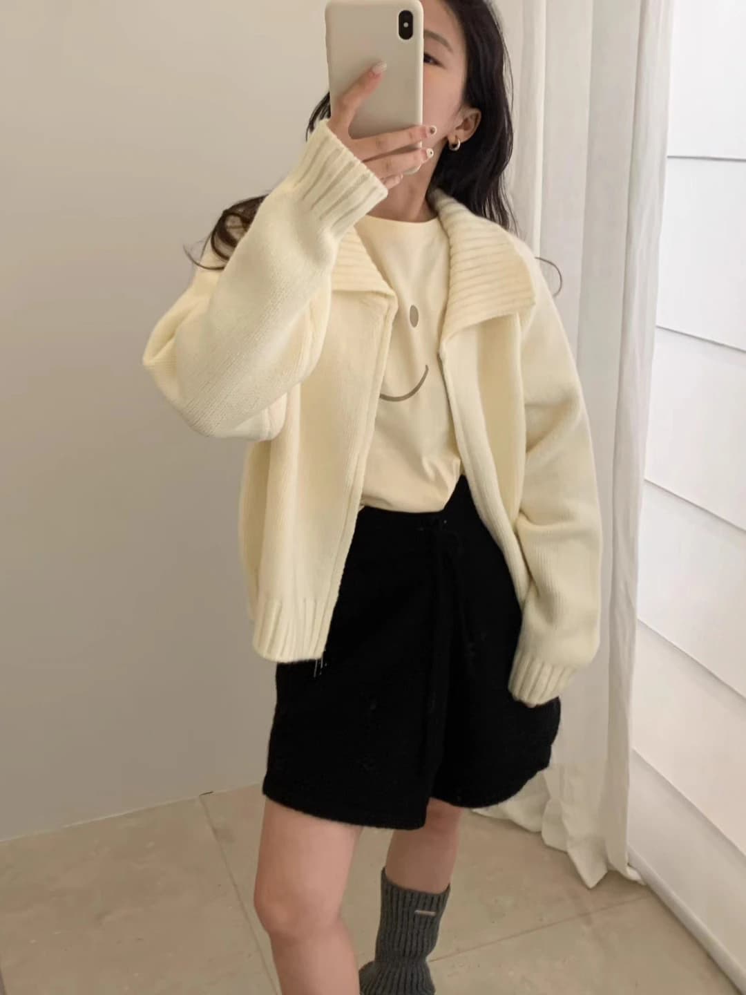 Women's autumn-winter retro knit cardigan with lapel collar and double zips, loose fit, casual