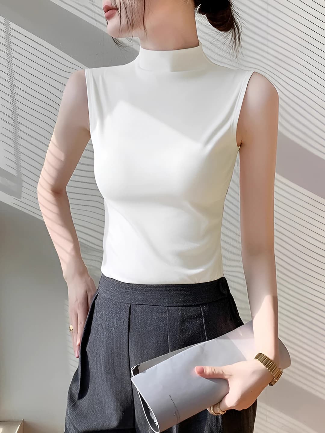Women's sleeveless mock neck tank top, pure cotton, slim fit, solid colour, summer