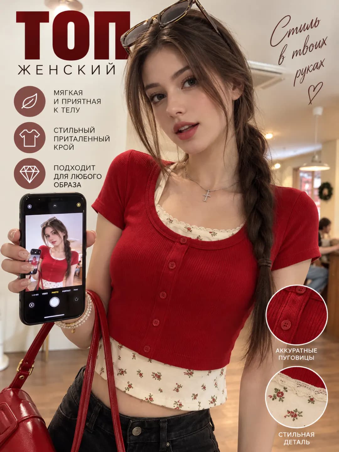 Women's summer crop top with short sleeves, slim fit, red, floral pattern, U-neck, fake two-piece design