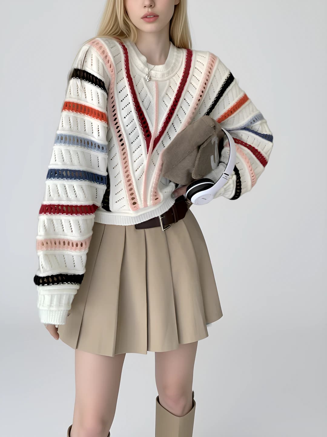 Women's spring-autumn retro knit top, striped, crew neck, long sleeve, ultra-thin, with unique design