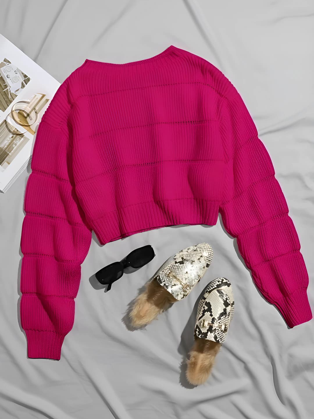 Women's 2026 spring-autumn Korean style solid colour crew neck slim fit cropped sweater