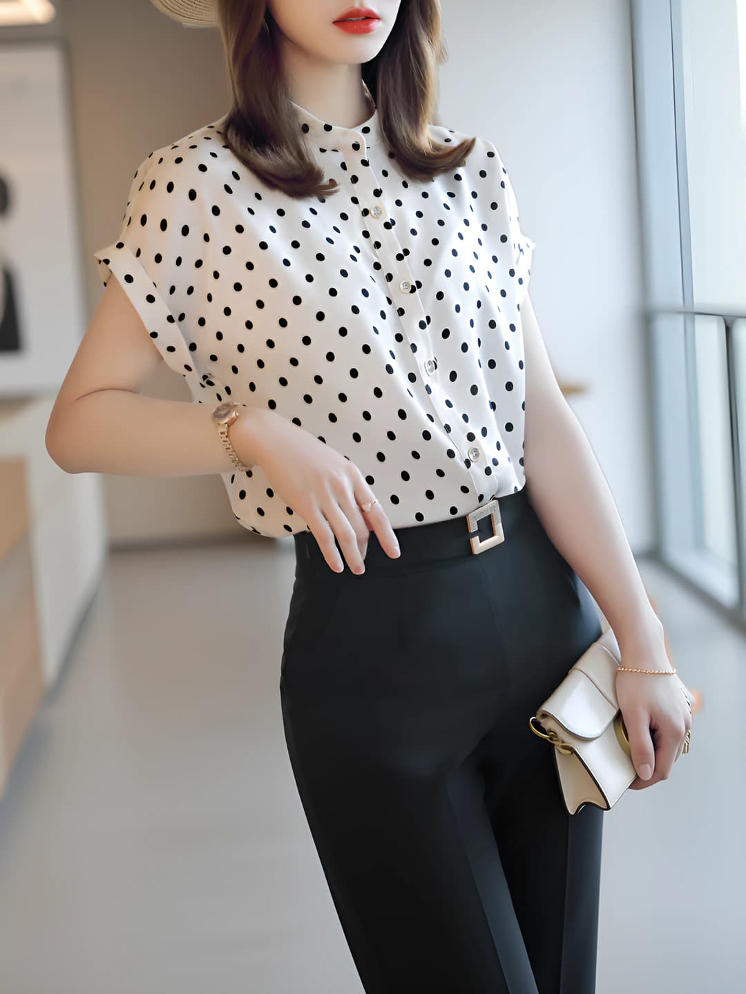 Women's thin polka dot chiffon blouse, 2026 summer, short sleeve, crew neck, casual style