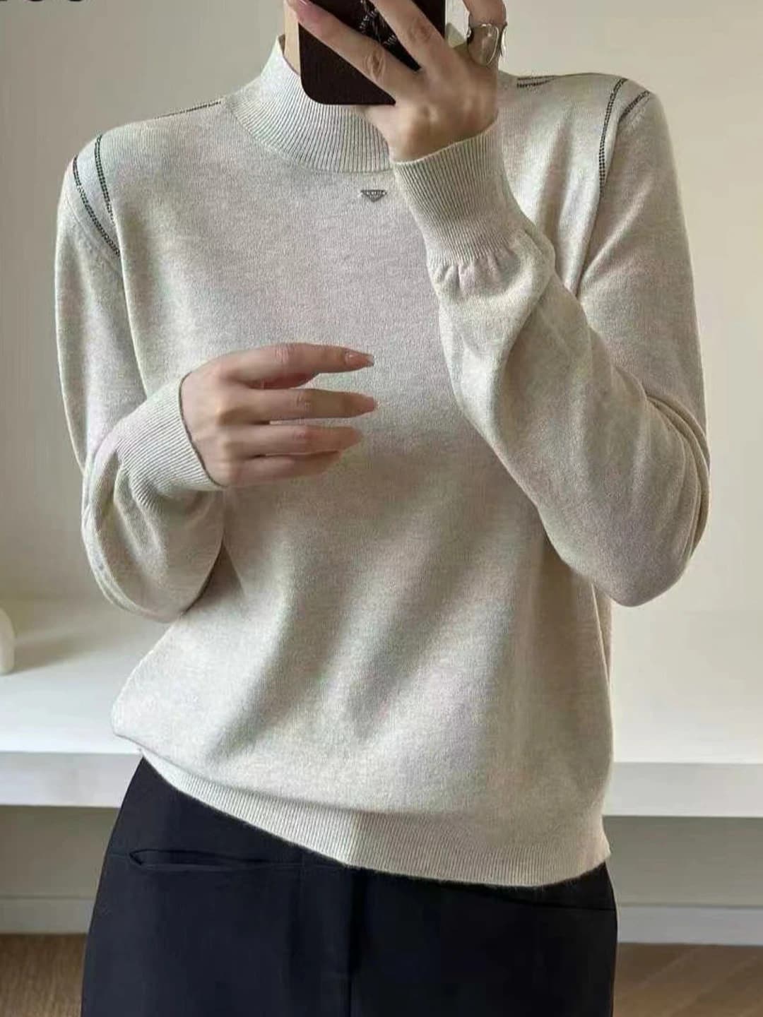 Women's autumn-winter knit top, mock neck, solid colour, loose fit, long sleeve, stretch, slimming