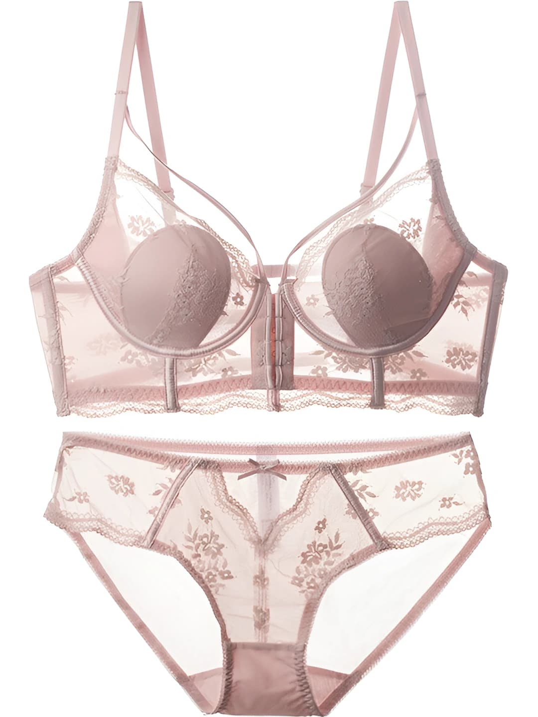 Women's lace bra and briefs set, thin, bunny ear cups, front closure, beautiful back, makes large bust look smaller