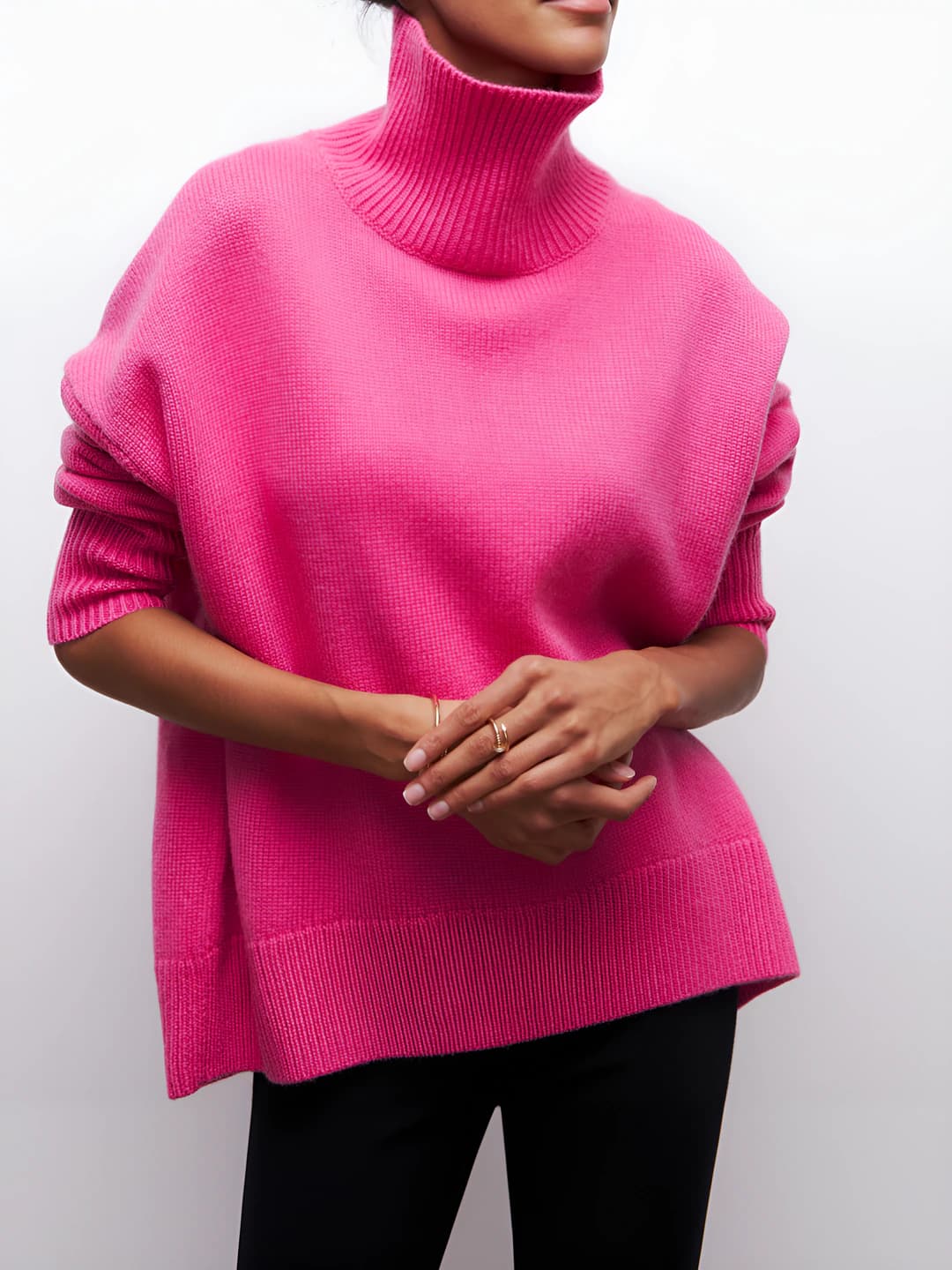Women's cashmere knit top with high neck, long sleeve, straight cut, solid colour, autumn-winter