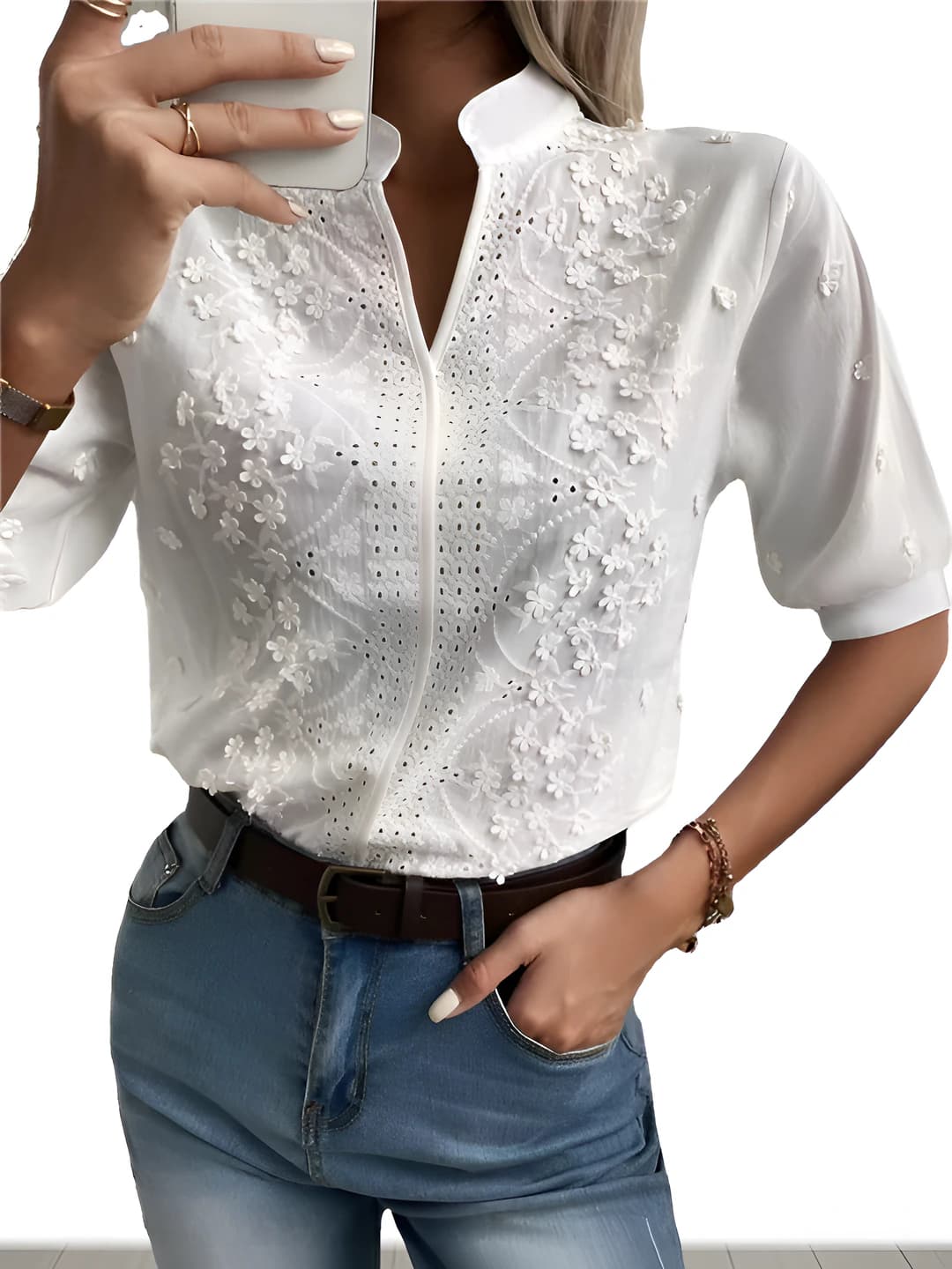 Women's 2026 autumn embroidered crew neck elbow-length sleeve slim fit solid colour blouse