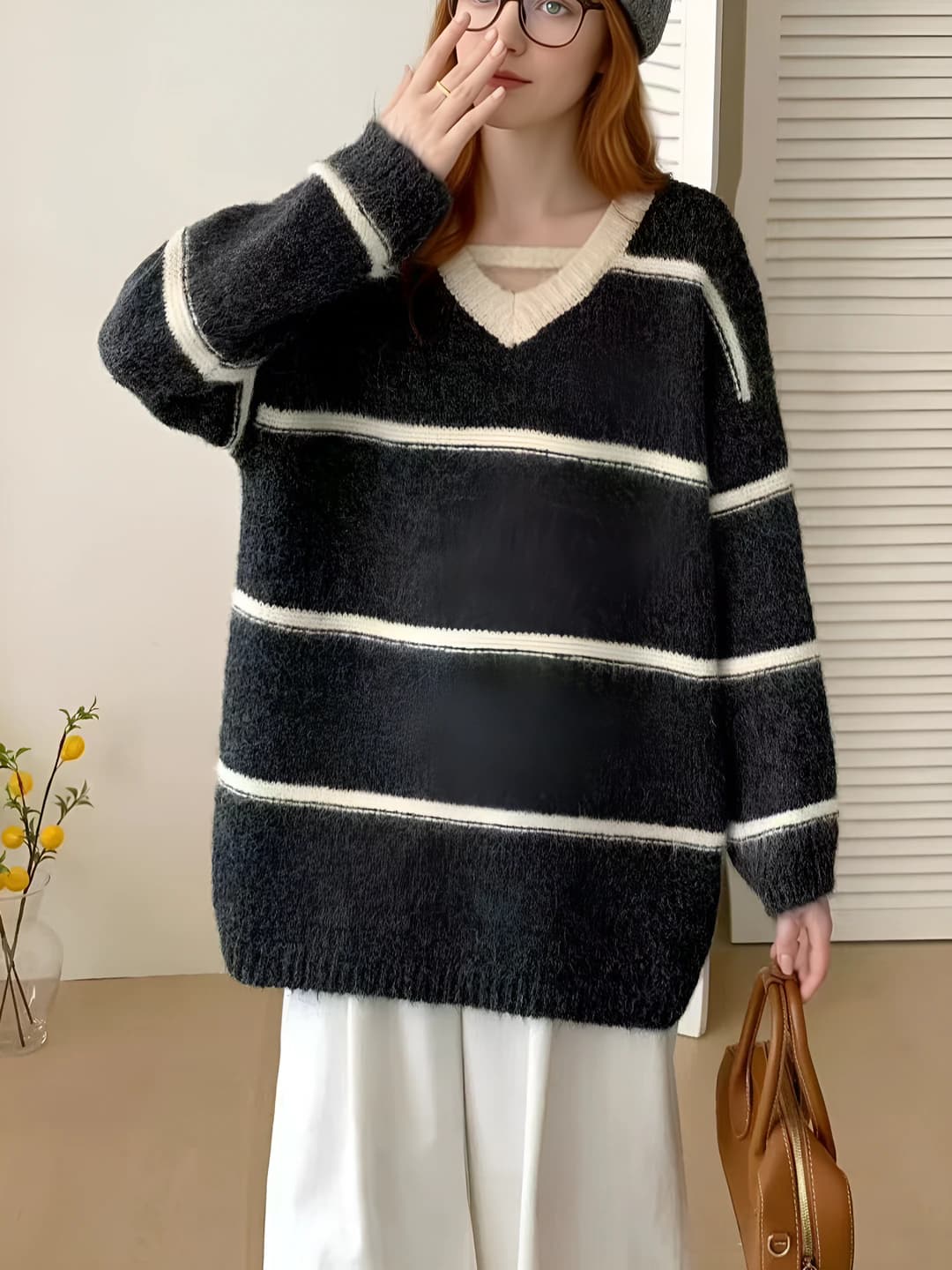 Women's V-neck striped sweater, autumn-winter 2026, loose fit, long sleeve, thick fabric, casual style