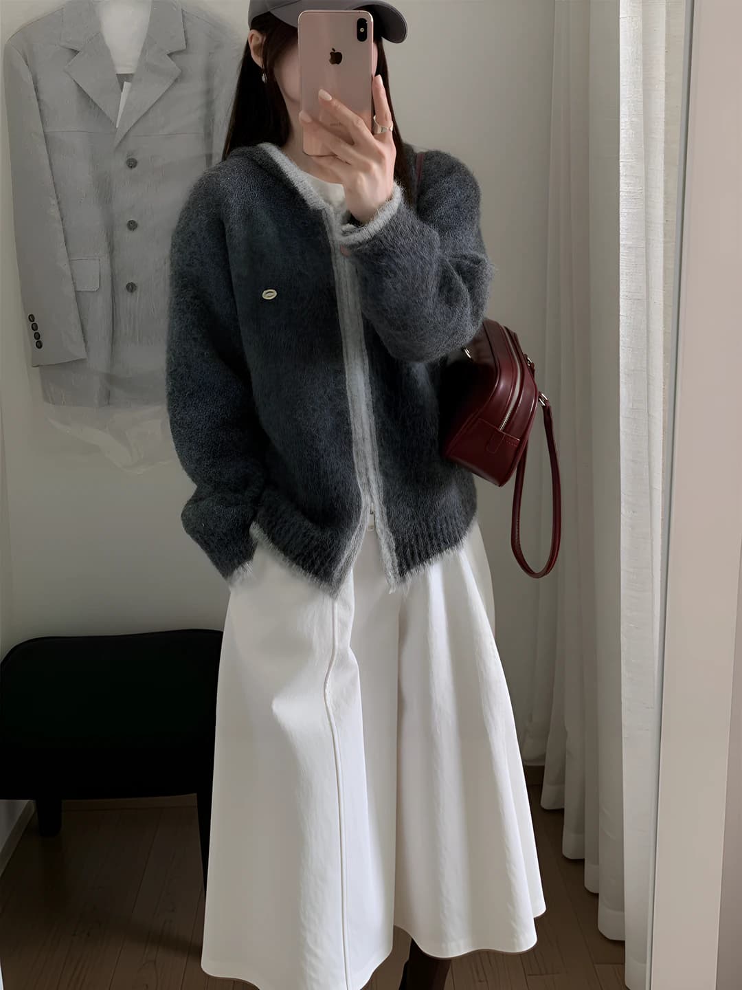 Women's hooded zip knit cardigan, casual, loose fit, autumn-winter, long sleeve, thick, color-block