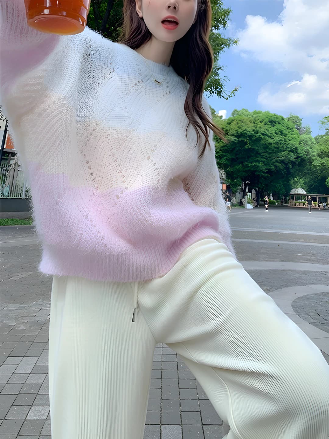 Women's autumn-winter sweater, loose fit, crew neck, long sleeve, medium thickness, color-block pattern, openwork craft