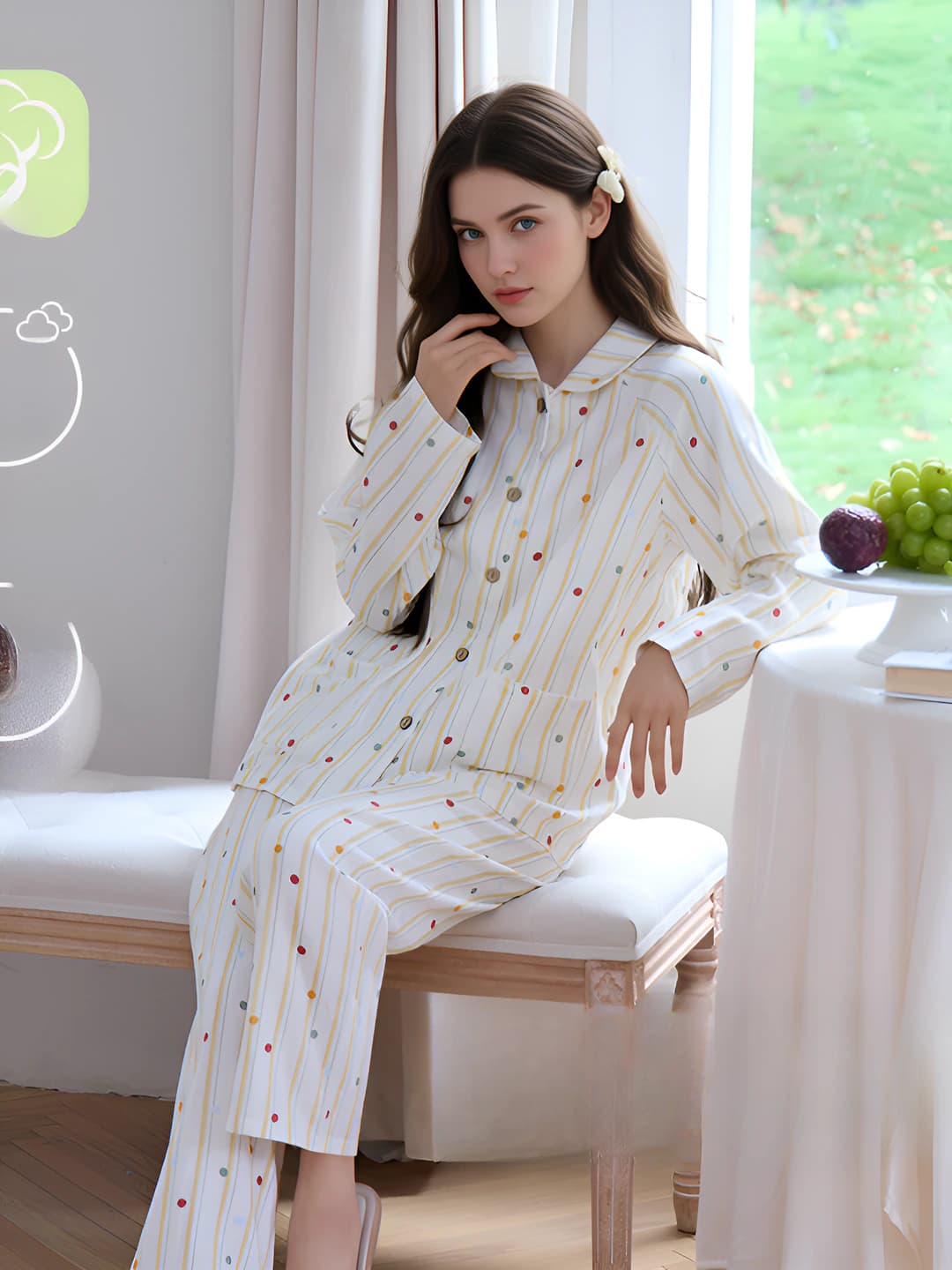 Women's 2026 pure cotton striped pajama set, long sleeve top and trousers, thin, spring-autumn loungewear