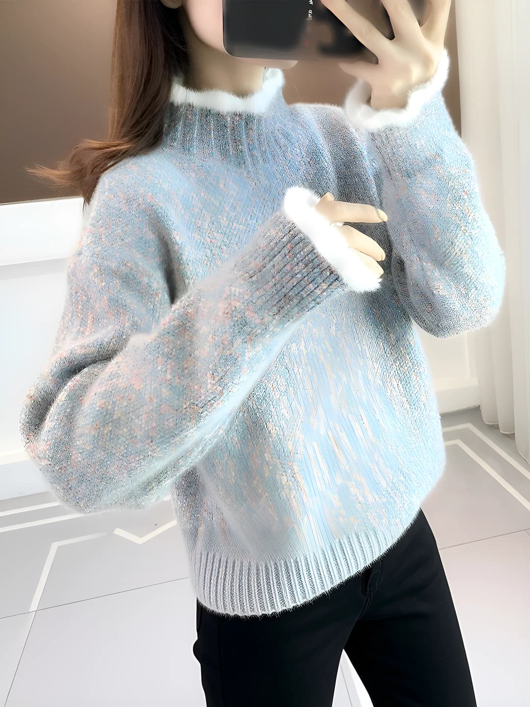 Ayollar uchun kuz-qish trikotaj sviter, yarim baland yoqa, uzun yeng, tanaga yopishgan, bo'sh (oversize) uslubdagi pullover