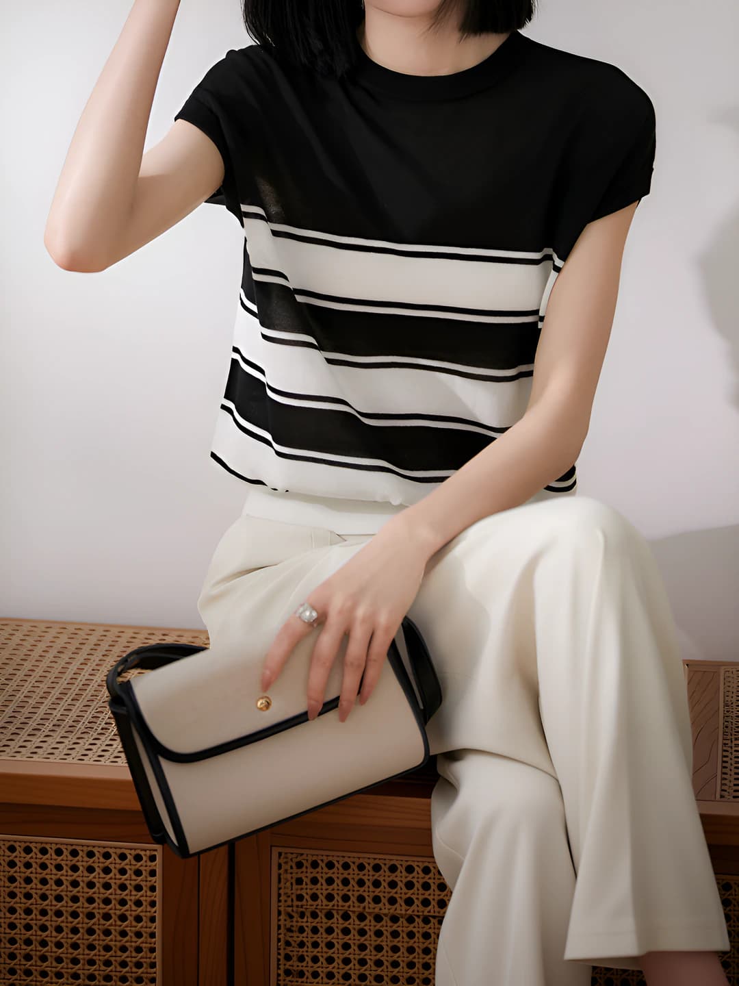 Women's striped knit top, thin, slim fit, long sleeve, crew neck, 2026