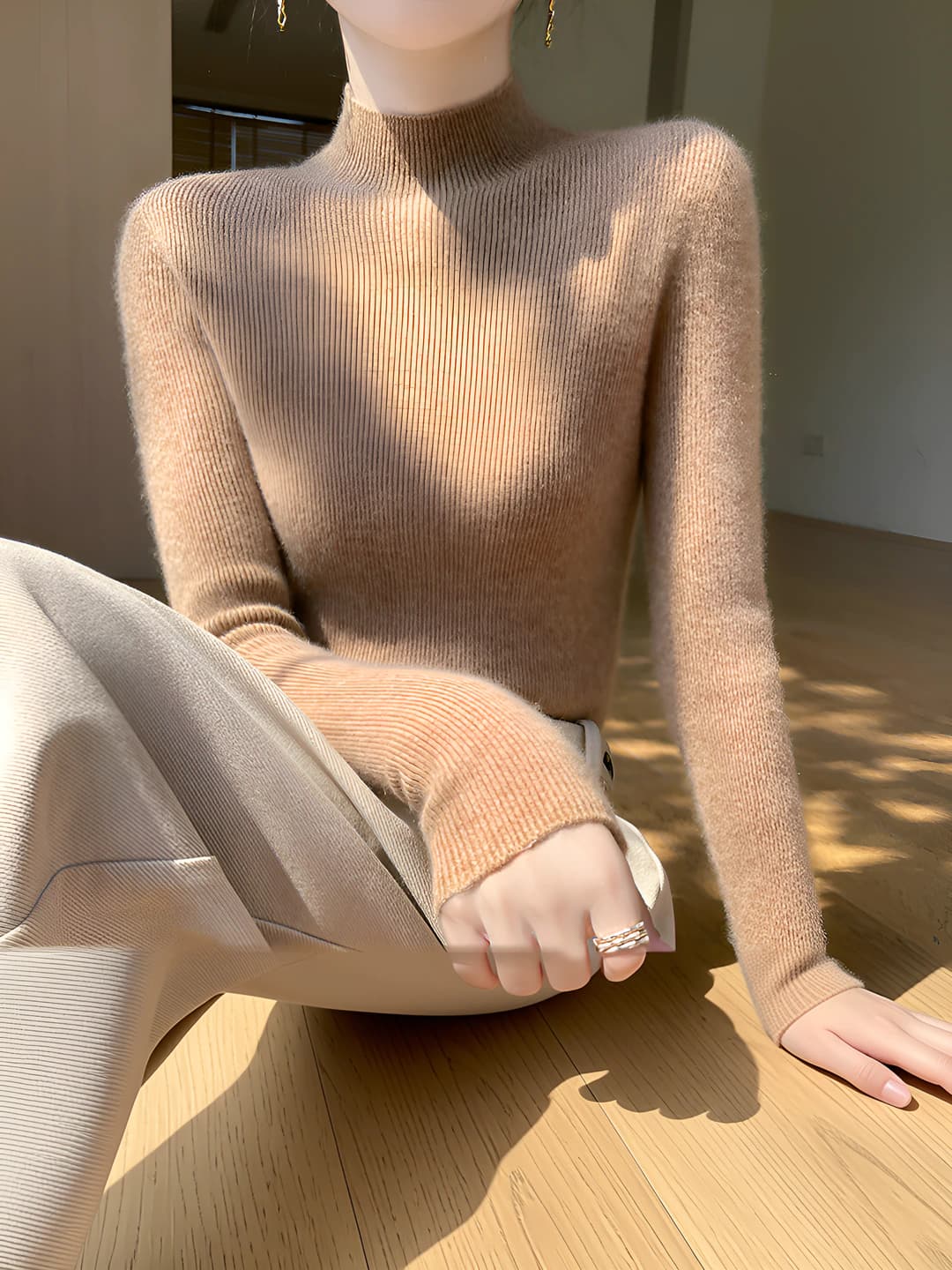 Women's mock neck knit sweater, long sleeve, loose fit, solid colour, autumn-winter