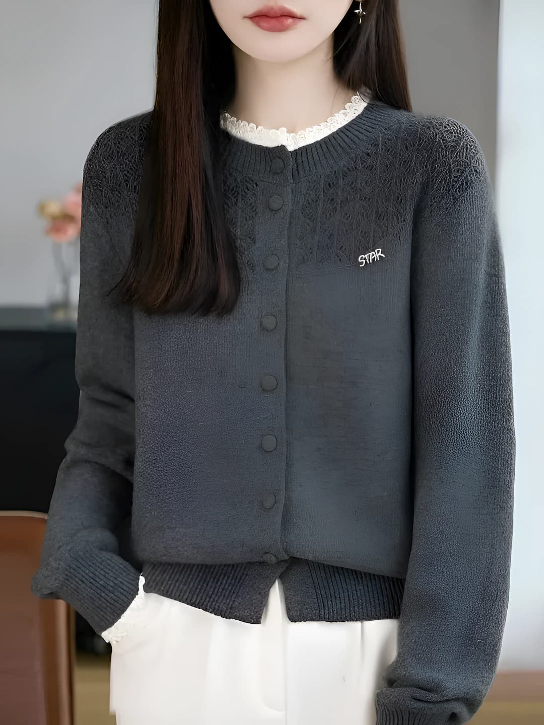 Women's cardigan, crew neck, long sleeve, loose fit, solid colour, spring-autumn