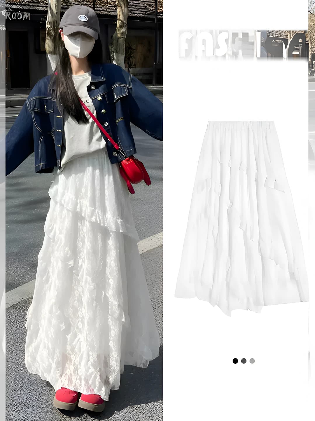 Women's white lace A-line tiered skirt, high waist, mid-length, spring-autumn