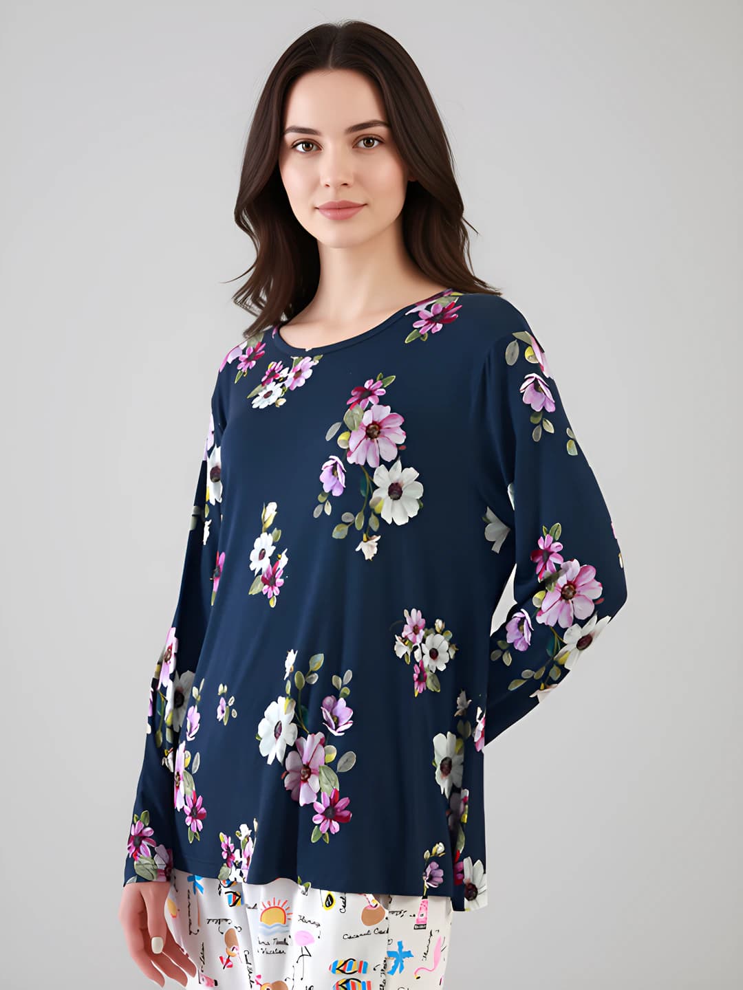 Bamboo Fiber Navy Blue Floral Long Sleeve Top