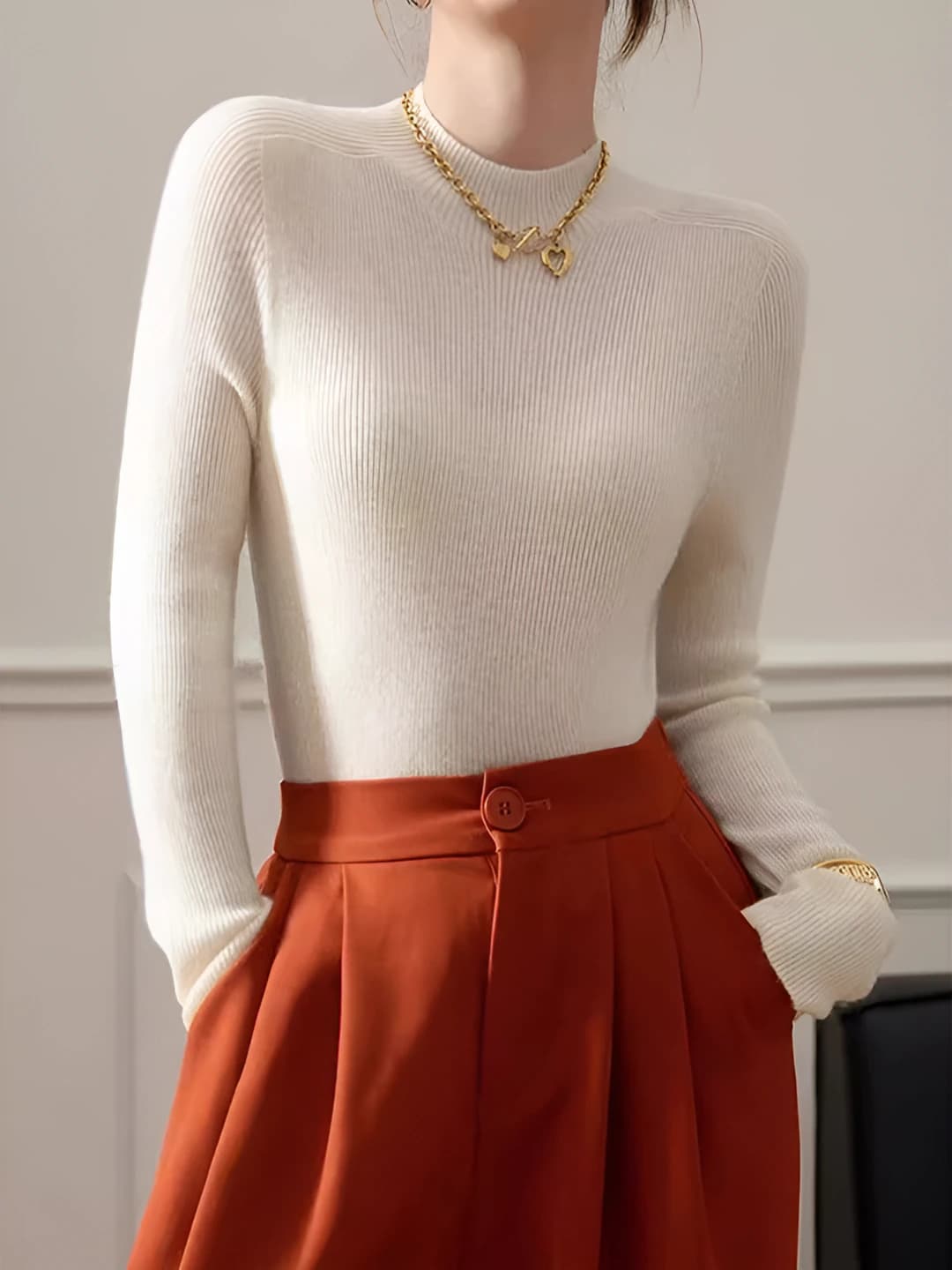 Women's 2026 autumn-winter mock neck sweater, slim fit, slimming, long sleeve, solid colour