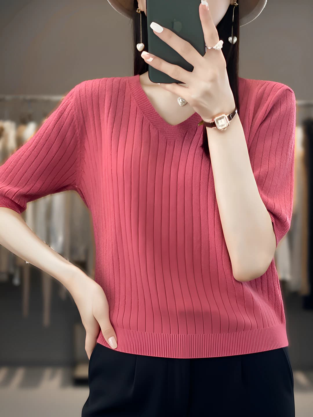 Women's slimming V-neck thin knit top, short sleeve, solid colour, loose fit, spring