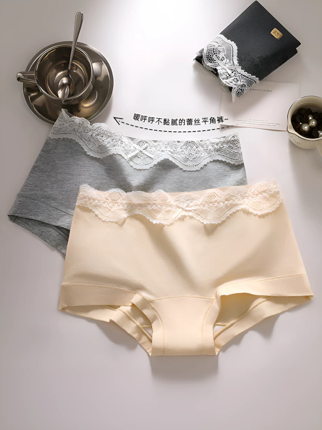 Women's lace briefs, all-cotton, antibacterial, breathable, seamless, solid colour, mid-waist