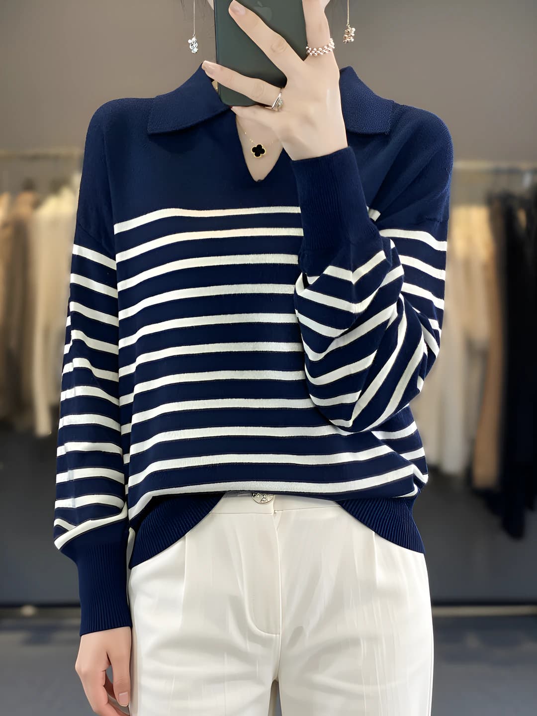 Women's wool sweater, striped, polo collar, long sleeve, loose fit, autumn-winter