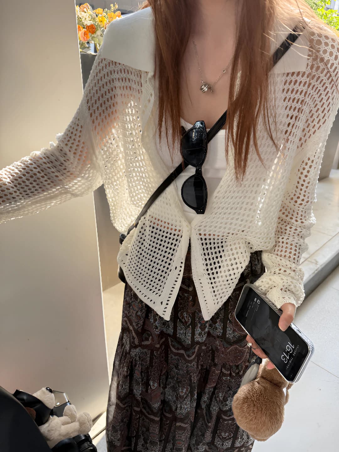 Women's thin loose fit cardigan with high neck, long sleeve, sun-protective, plaid pattern and cutout design