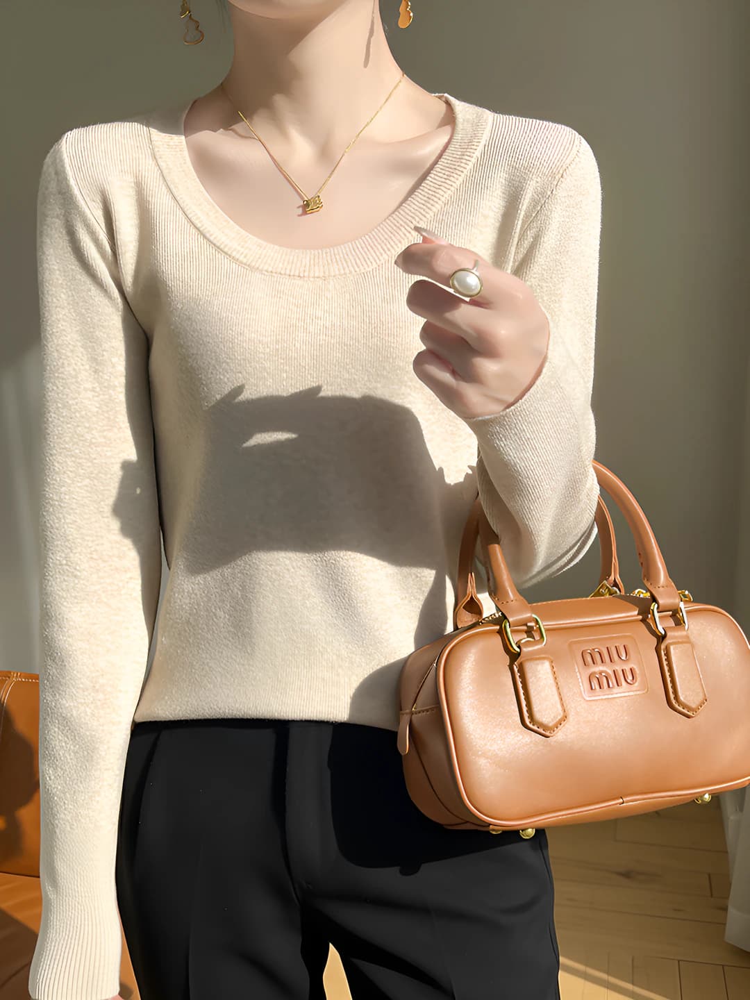 Women's 2026 autumn crew neck long sleeve knit sweater, solid colour, regular fit