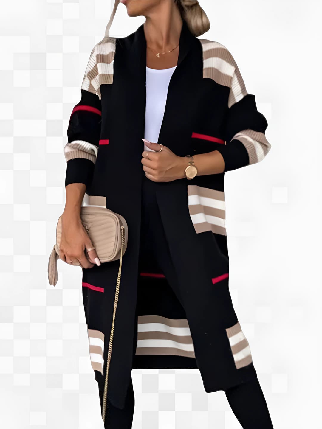 Women's long striped knit cardigan, loose fit, V-neck, long sleeve, thickened, cashmere blend