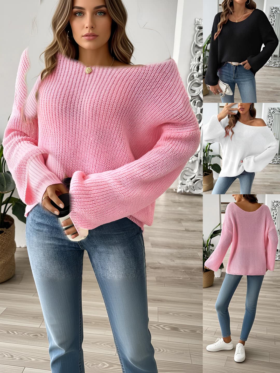 Women's off-shoulder knit sweater pullover, solid colour, loose fit, long sleeve, boat neck, bell sleeve