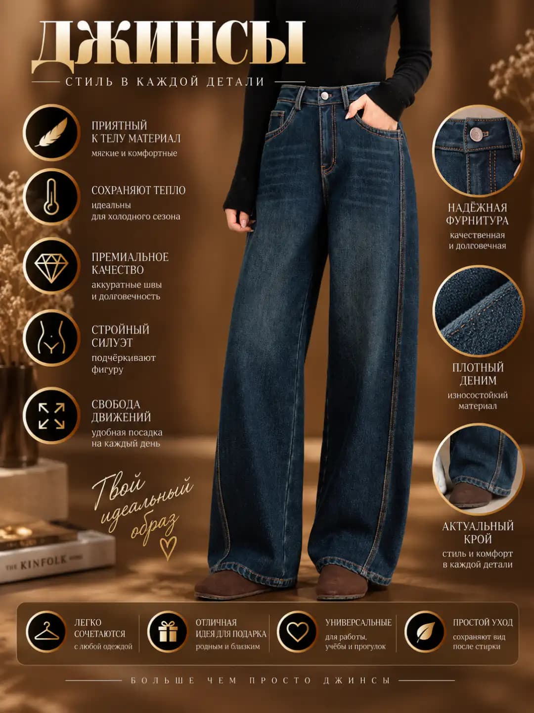 Women's wide and flared jeans, winter 2026, fleece-lined, thickened, high waist, retro, straight cut