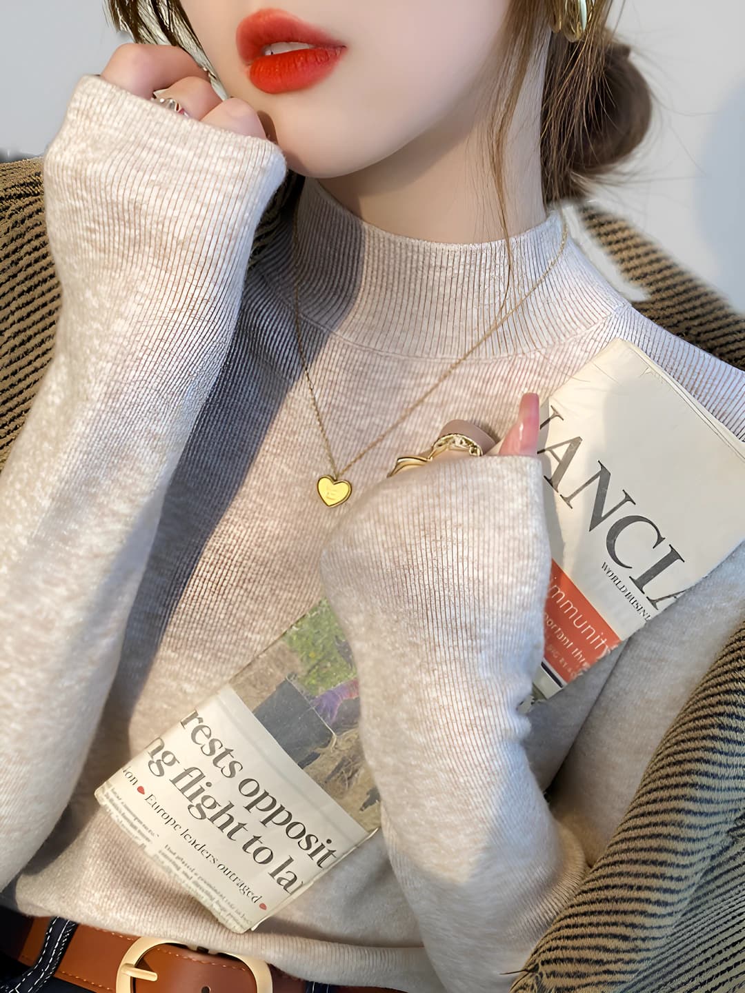 Women's mock neck long sleeve slim fit sweater, spring-autumn