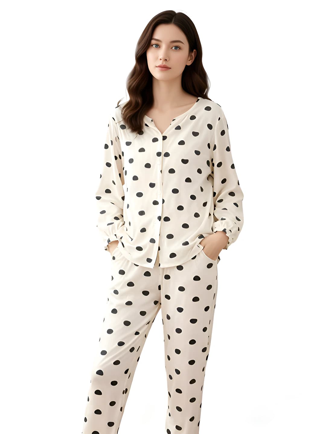 Women's plus size loose fit modal cotton pajama set: long sleeve V-neck cardigan and trousers