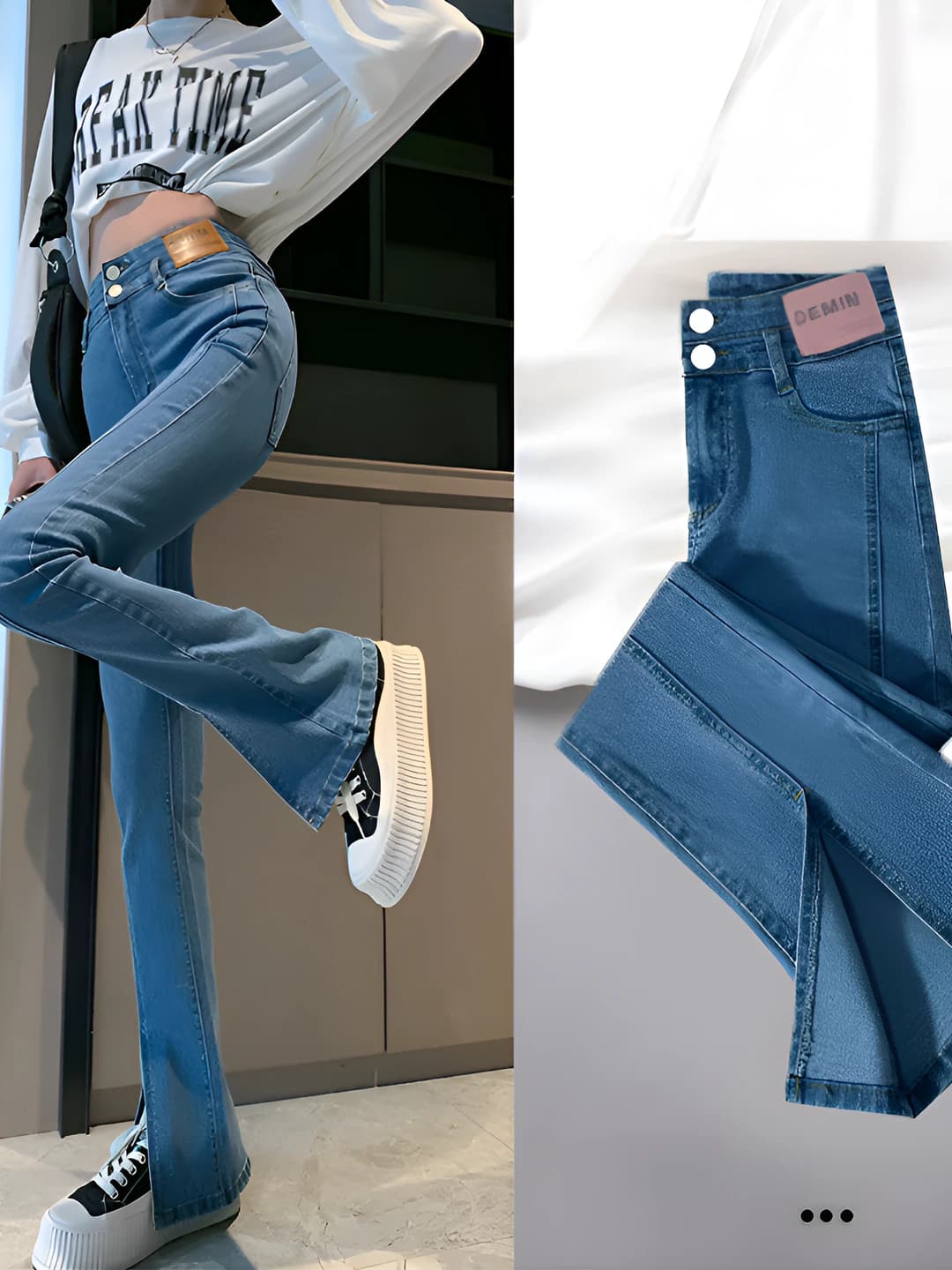 Women's wide and flared jeans, high waist, trousers, slimming, stretch, spring-autumn, black