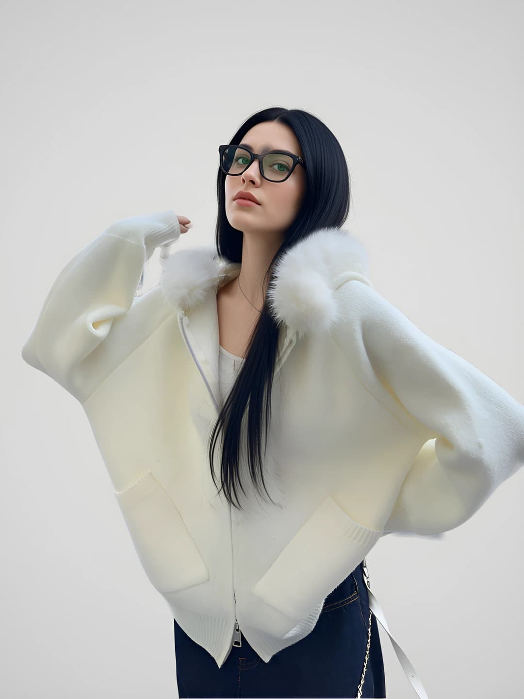 Women's autumn-winter knit cardigan, loose fit, long sleeve, zip, solid colour, 3D pattern, cashmere-like fabric