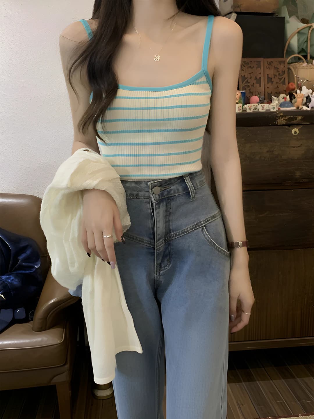 Women's strap tops 2026, blue striped, sleeveless, slim fit, summer