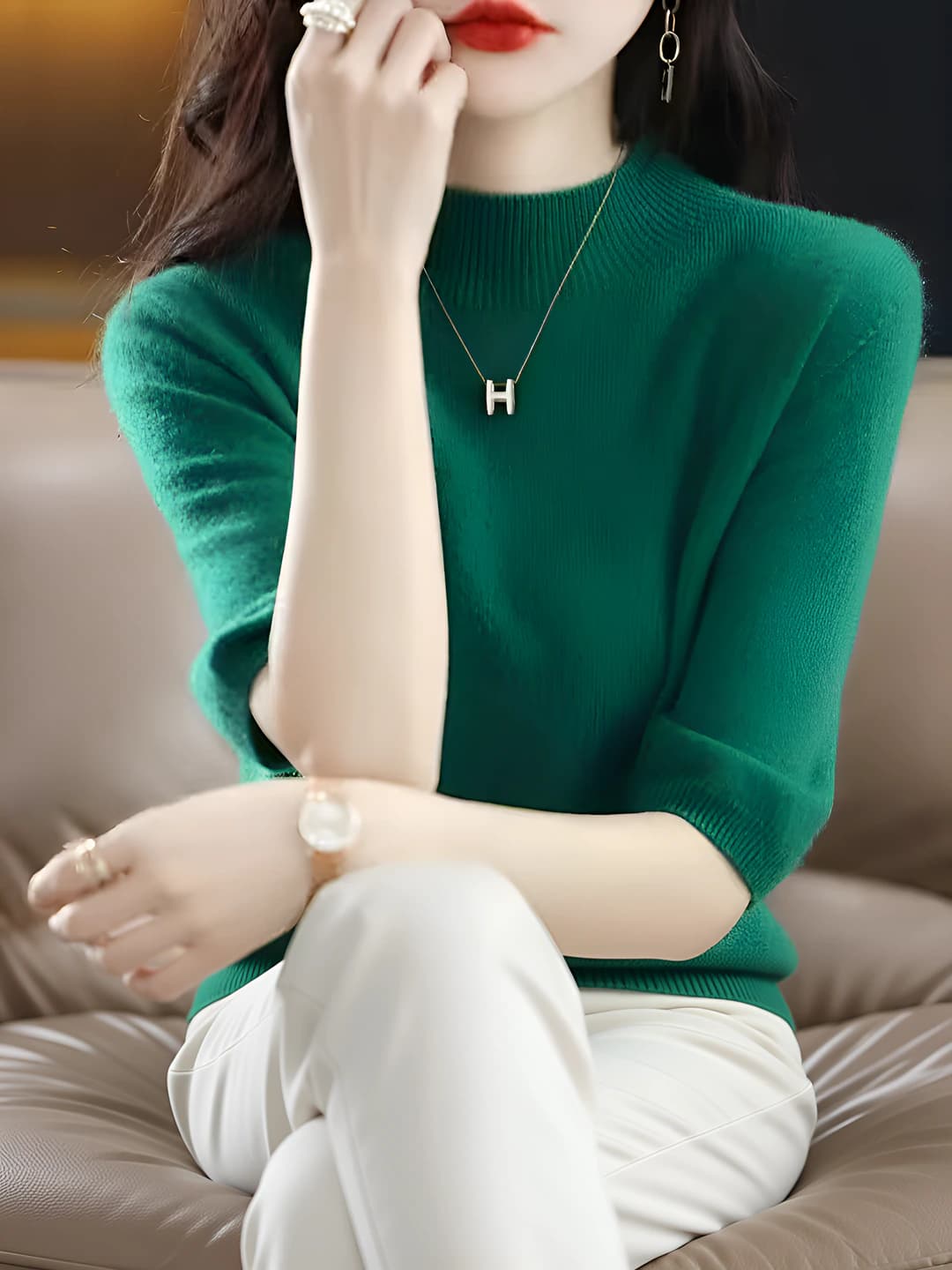Women's knit pullover sweater with mock neck, elbow-length sleeve, slim fit