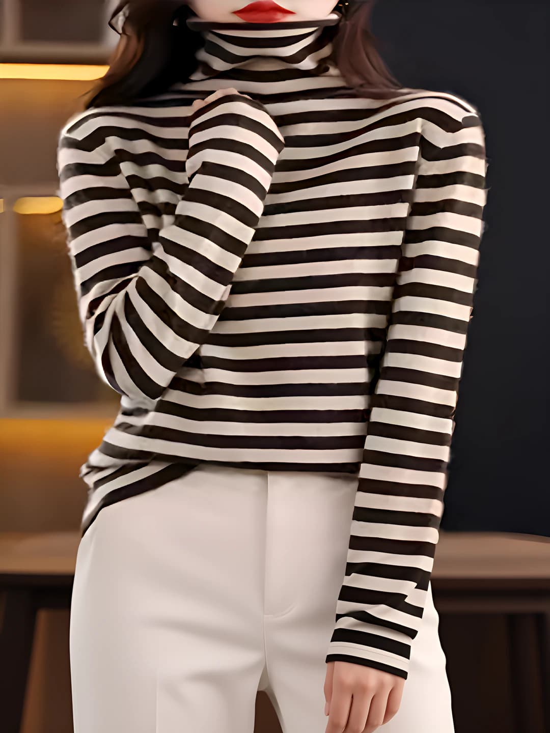Women's striped turtleneck knit sweater, slim fit, long sleeve, medium thickness, autumn-winter